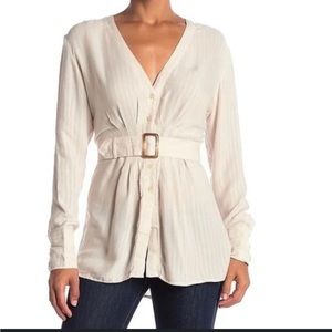 Free people beige blouse, button cardigan with belt